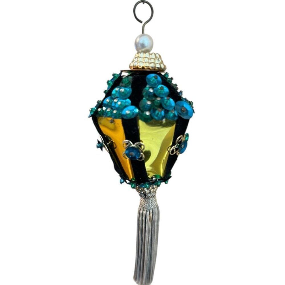 Tassel Beaded Christmas Ornament Faux Pearl Gold Metal Elegant Lantern Design